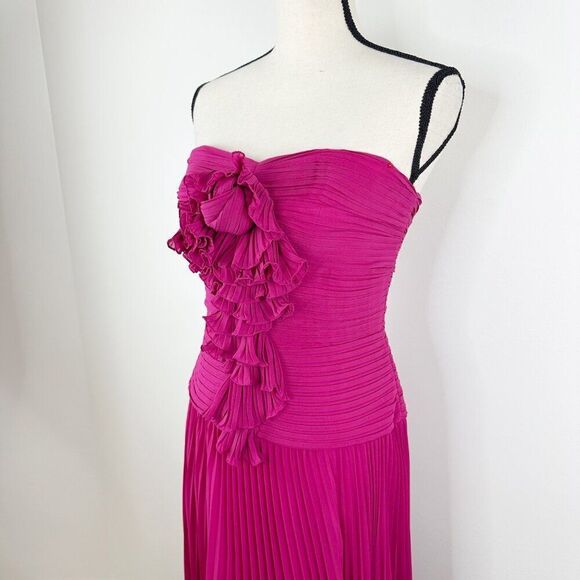 Carmen Marc Valvo Silk Strapless Fuchsia Gown With Ruffle Detail Pleated Skirt 4 - Picture 5 of 12